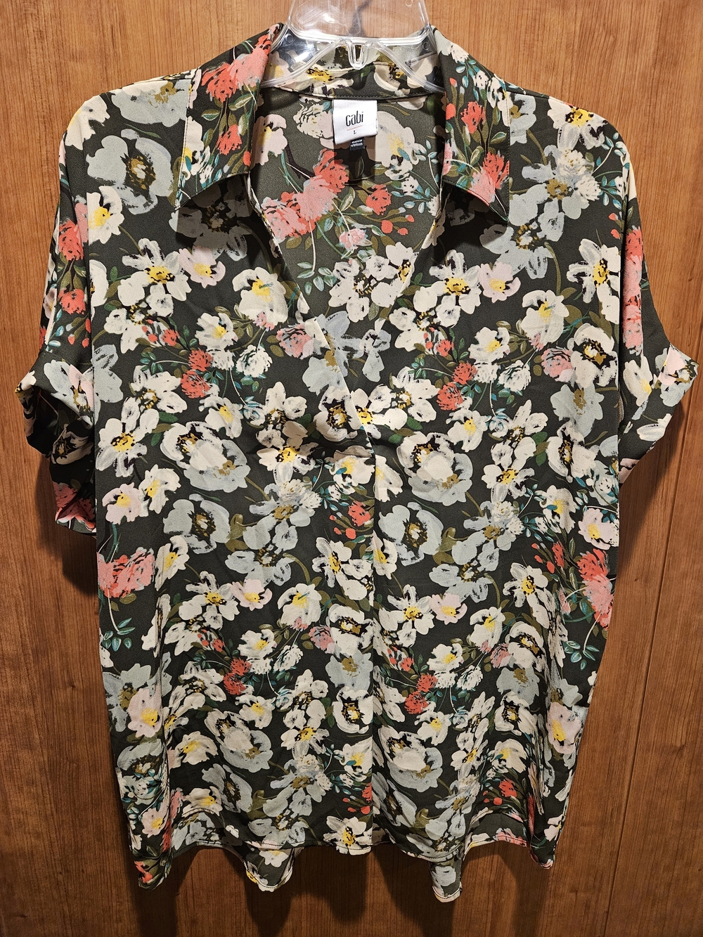CAbi Olive Floral Short Sleeve With Coral & White Blooms. - Picture 3 of 4